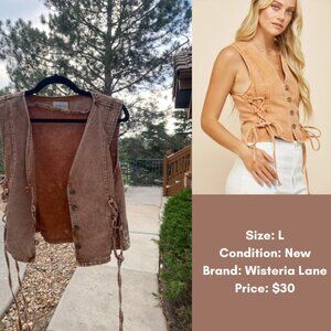 L Wisteria Lane Lace Up Orange Denim Vest